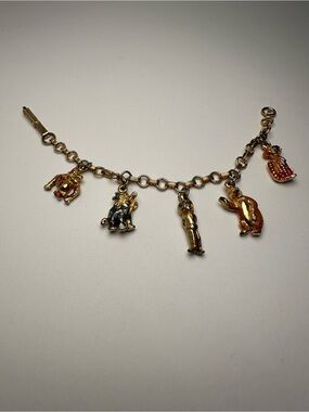 Walt Disney Vtg Jungle Book Gold-Tone Animal Charm Bracelet Five Figurine Charms